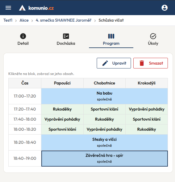 Program schůzky v aplikaci: časové bloky rozdělené mezi tři skupiny, společné hry na začátku a na konci.